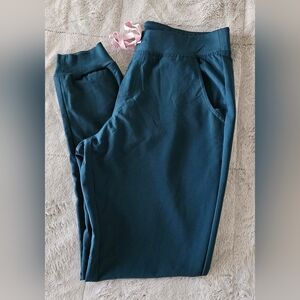 Figs Zamora Teal Jogger Pants with Pink Drawstring Tie Waist.